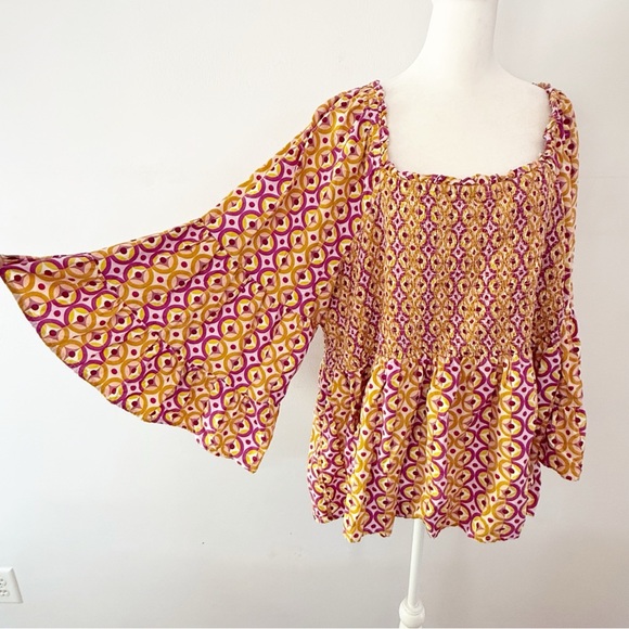 Terra & Sky Bell Sleeve Smocked Top Size 3X Boho Peasant Festival Hippie Casual - Picture 1 of 7
